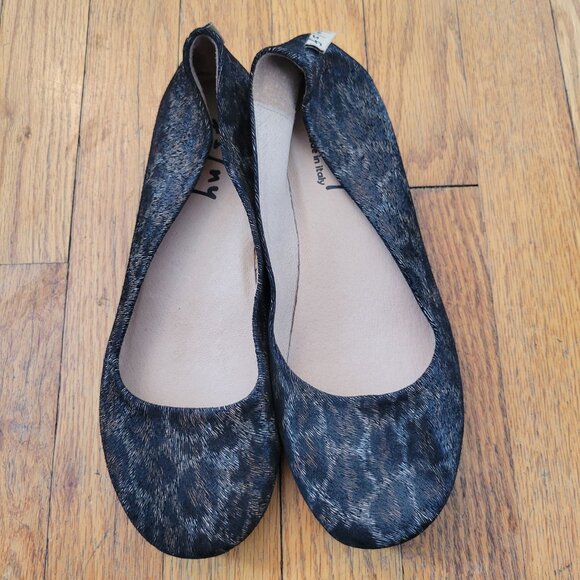FS NY 8 Italy Animal Leopard Print Flats Shoes Wedge Black Gold Metallic‎ - Picture 2 of 7